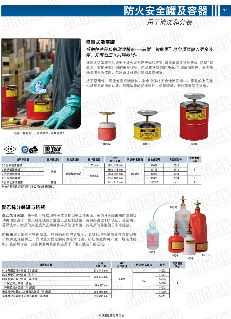 美國(guó)杰斯瑞特，JUSTRITE，活塞安全罐，盛漏式活塞罐，化學(xué)品分裝罐，